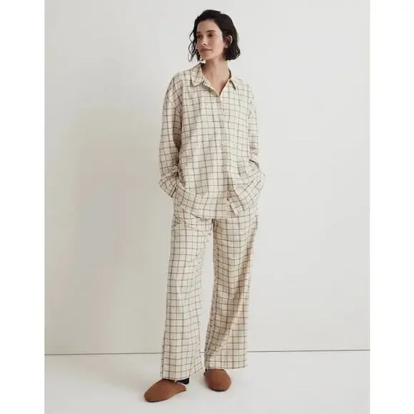 Madewell Plaid Flannel Long Sleeve Pajama Set Women’s Small Cream Lounge Cozy - Picture 2 of 15